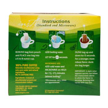 Folgers Coffee Singles Decaffeinated 19ct Box Back 3.0oz Bags